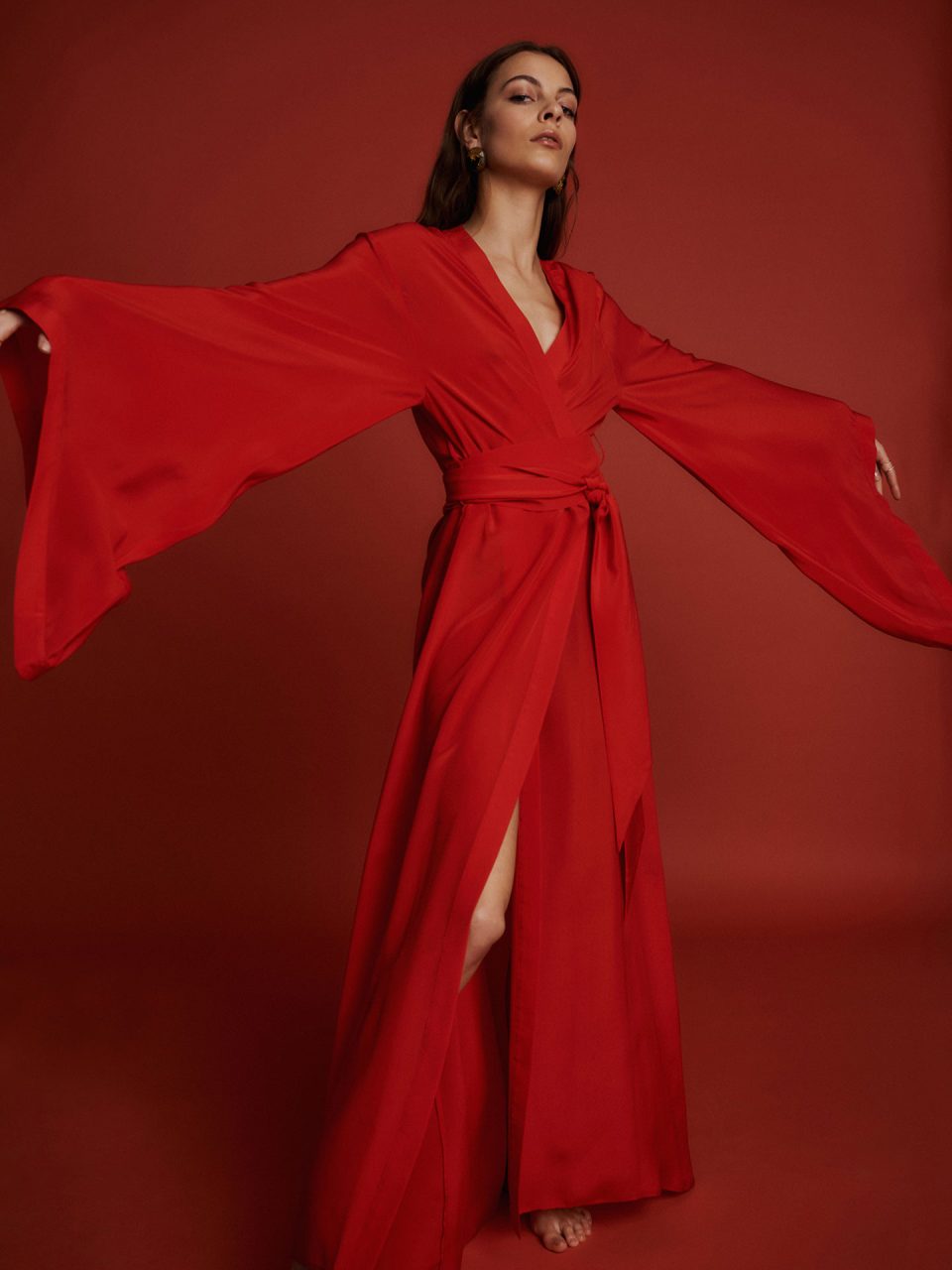 Woman in red long silk robe