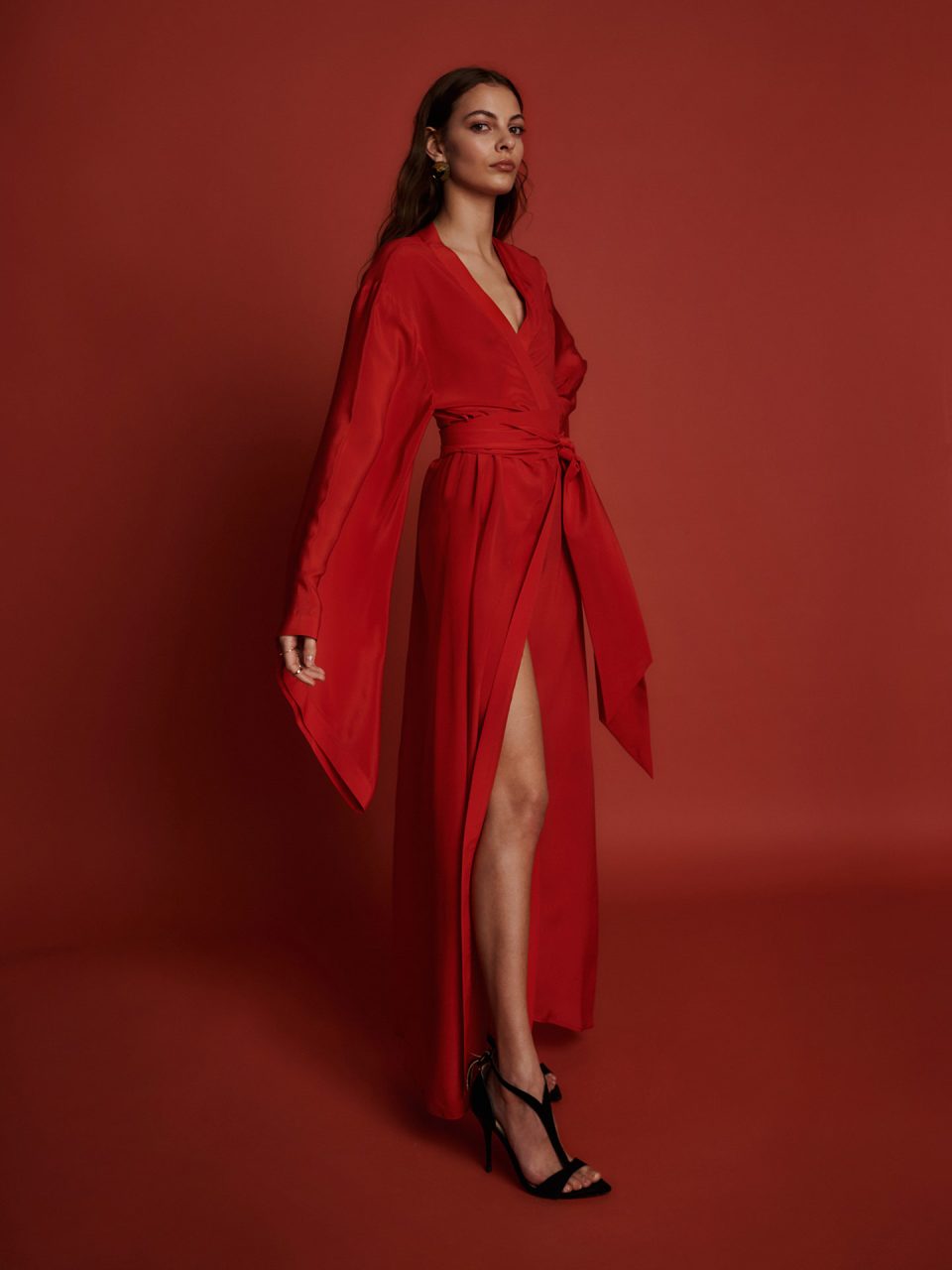Woman in red long silk robe